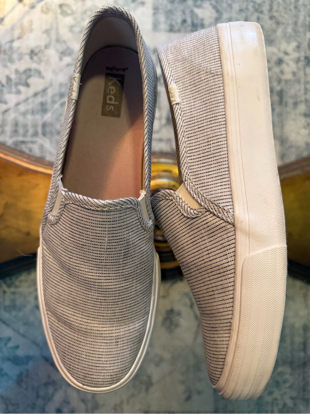 Keds Women's Double Decker Beige & White Striped Canvas Slip-On Sneakers 10